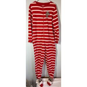 Nick & Nora Womens Sock Monkey Fleece One Piece Pajamas Small Red/White Stripes